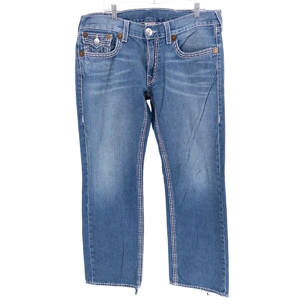 VTG Y2K True Religion Mens 38x33 Ricky Straight Jeans Blue Thick White Stitching